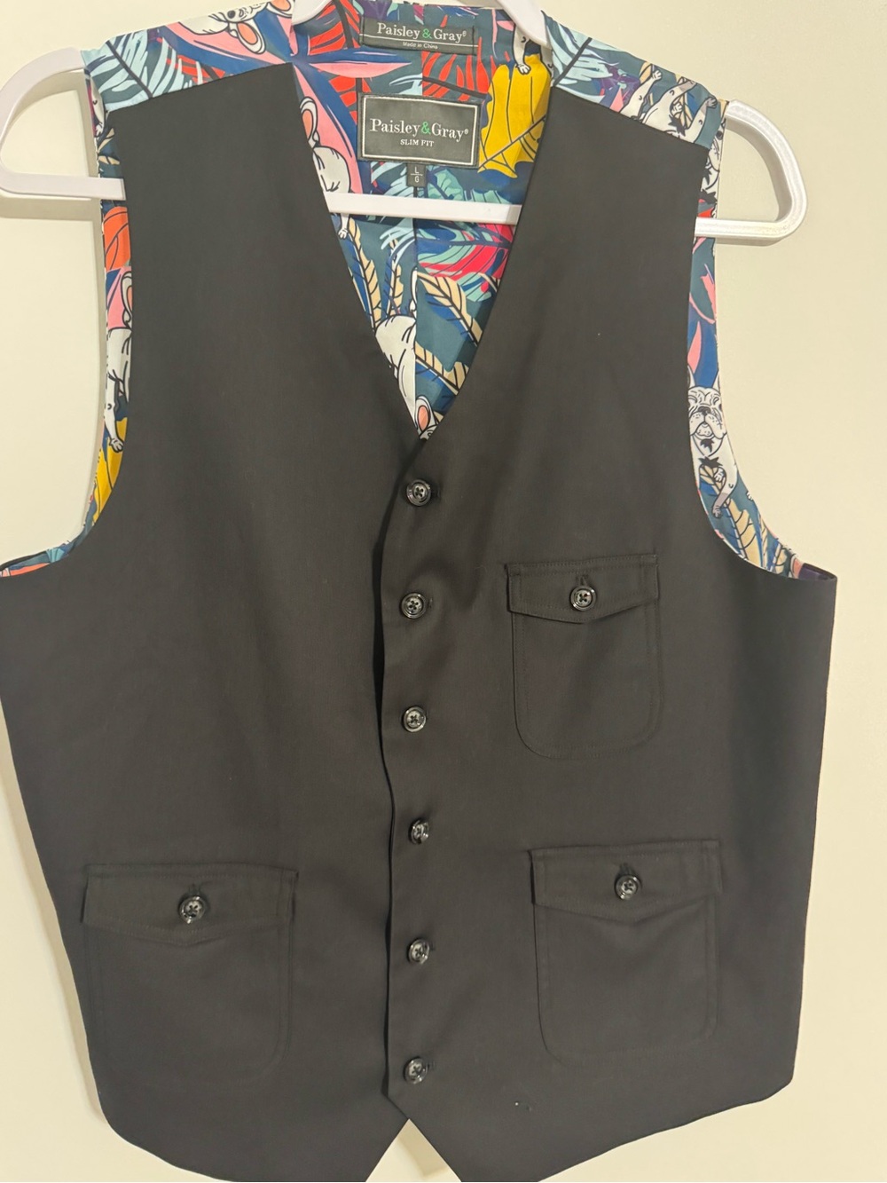 Paisley & Gray Black Men's Vest with Bold Floral Lining